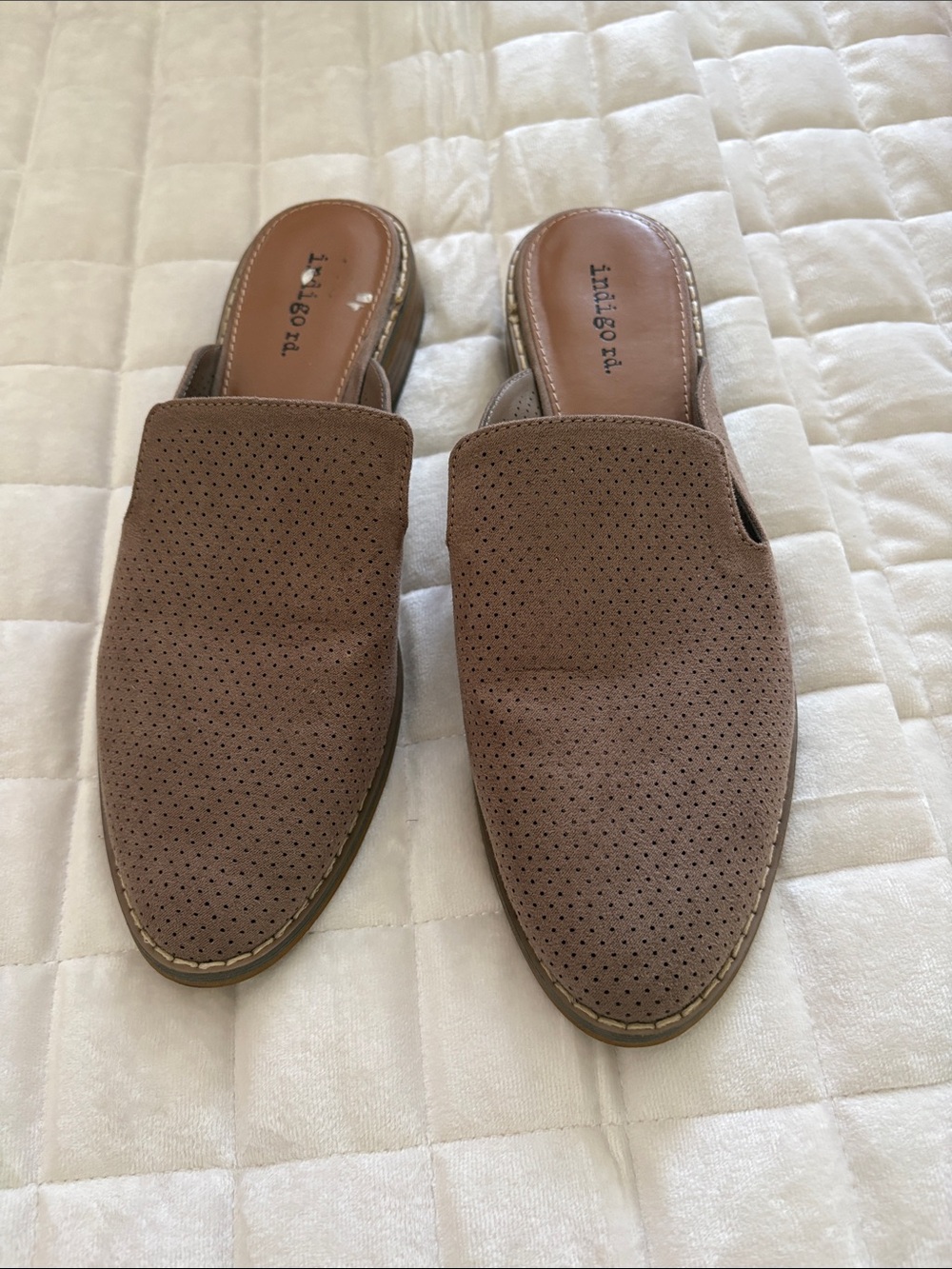 Indigo Perforated Taupe Slip-On Mules